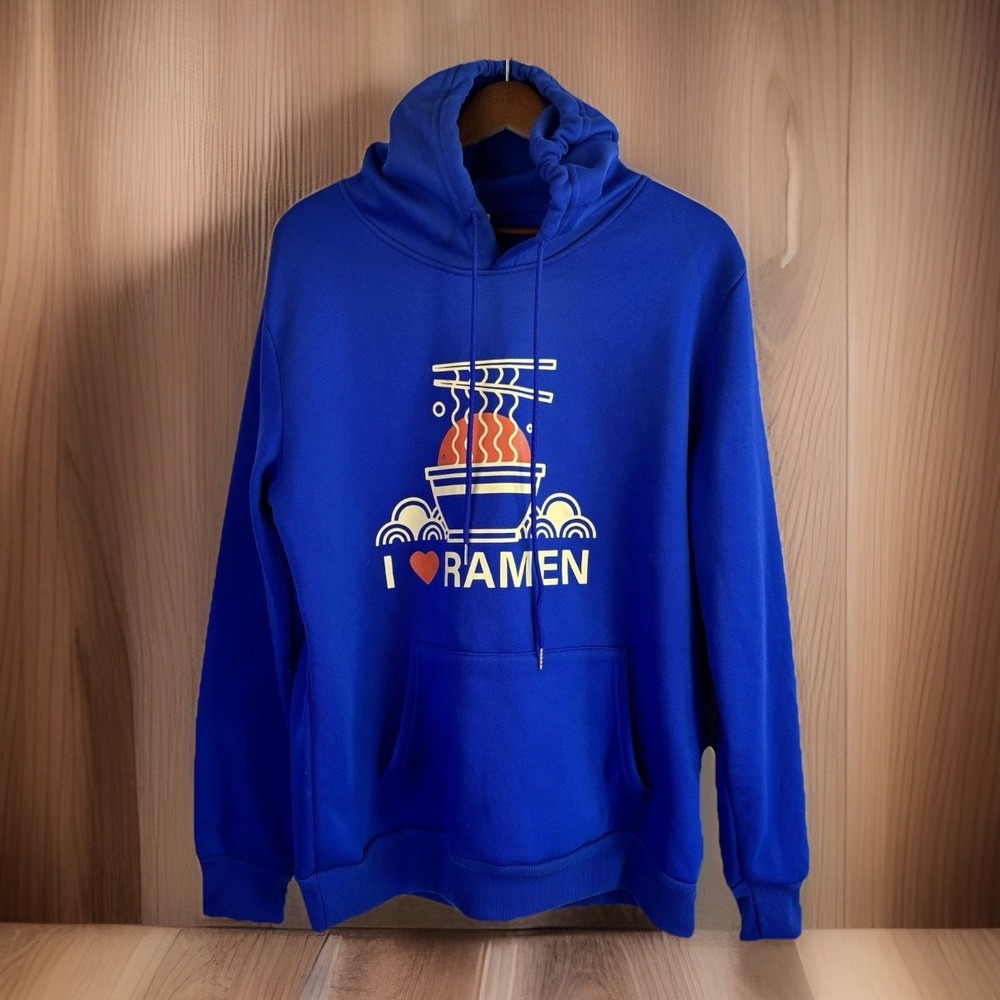 I Love Ramen Hoodie Graphic Sweatshirt S Blue Pullover Funny Gift Noodles Chop